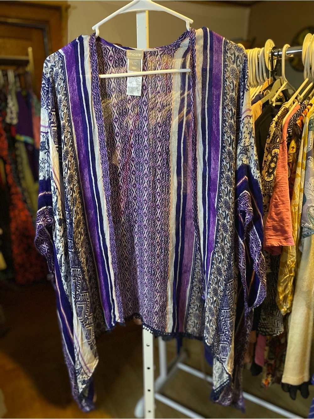 Chico's Purple & Cream Striped Open-Front Tunic Kimono